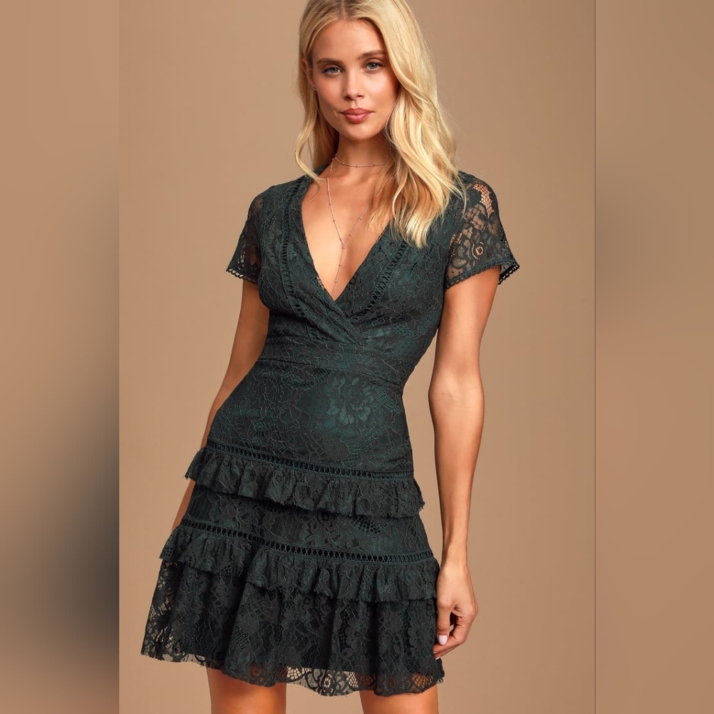 Lulu's Elegant Evening Forest Green Lace Dress, Size Medium
